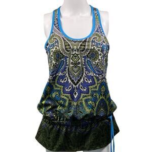 Athleta Top Tic Tac Toe Tank Womens Size Small Blue Green Paisley Racer Back